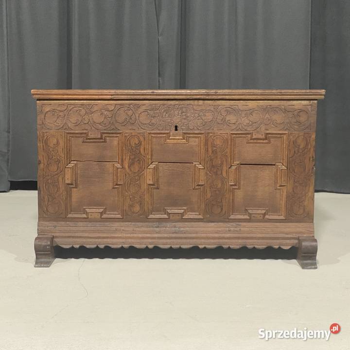 Antyczna skrzynia dębowa XIX wiek rzeźbiony Meble sprzedam