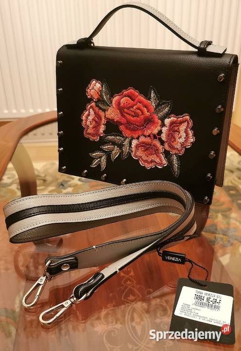 Śliczna kobieca torebka skórzana z haftem w kolorowy Olsztyn