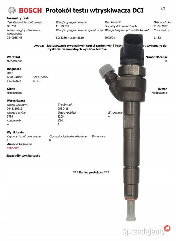 WTRYSKIWACZE KOMPLET 4 BOSCH 0445110616 Miszewo