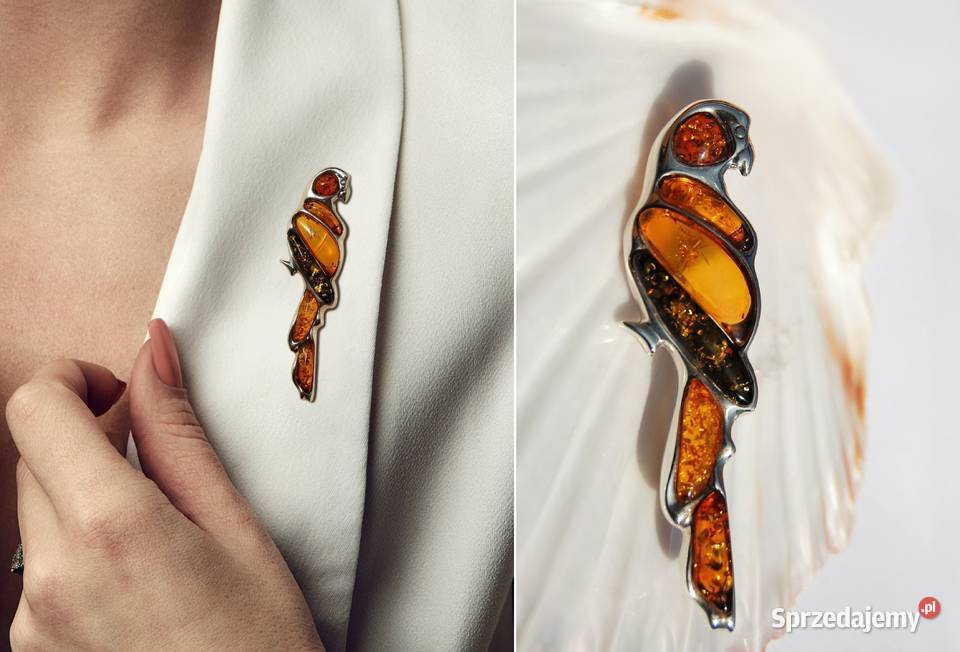 Broszka witrażowa papuga bursztyn bałtycki Pozostałe lubelskie Lublin