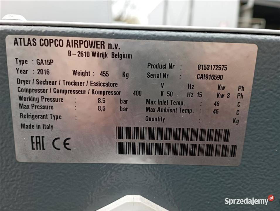 Sprężarka śrubowa kompresor ATLAS COPCO GA15 Wilków