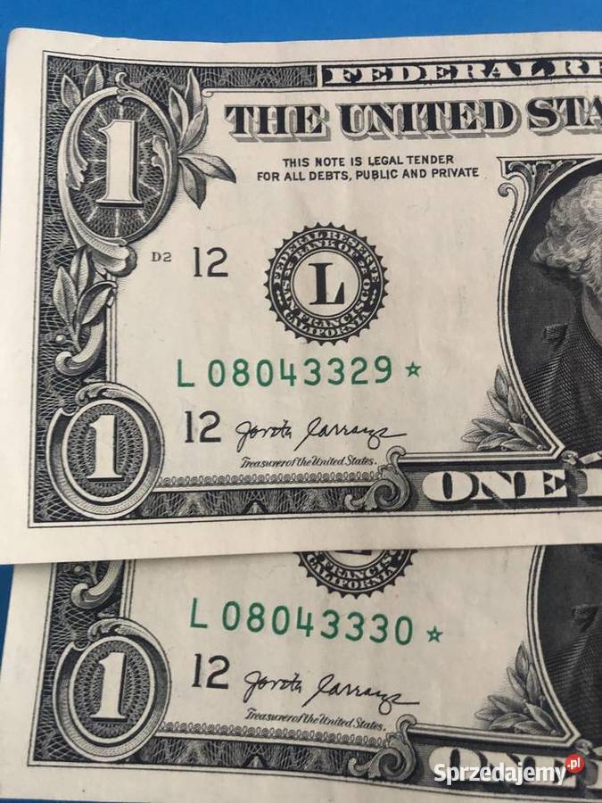 Dwa banknoty 1 dollar kolejne numery z gwiazdka Szczecin