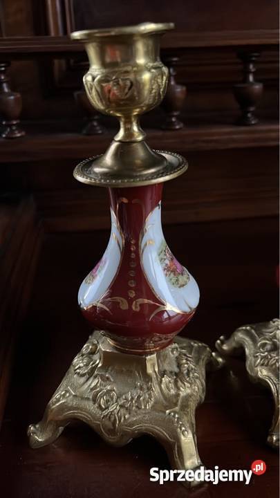 Świecznik porcelana i mosiądz Szafirowy malowany Gdańsk