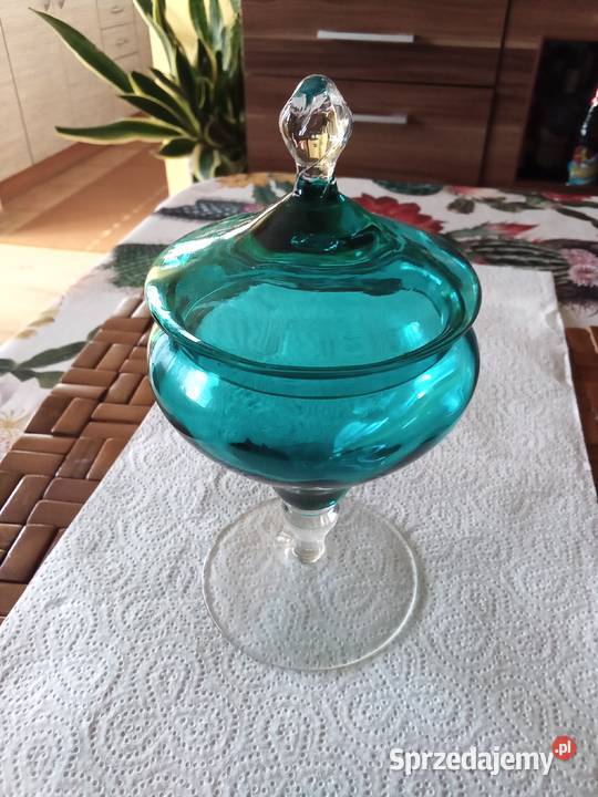PRL bomboniera art deco szkło lazur łódzkie Łódź