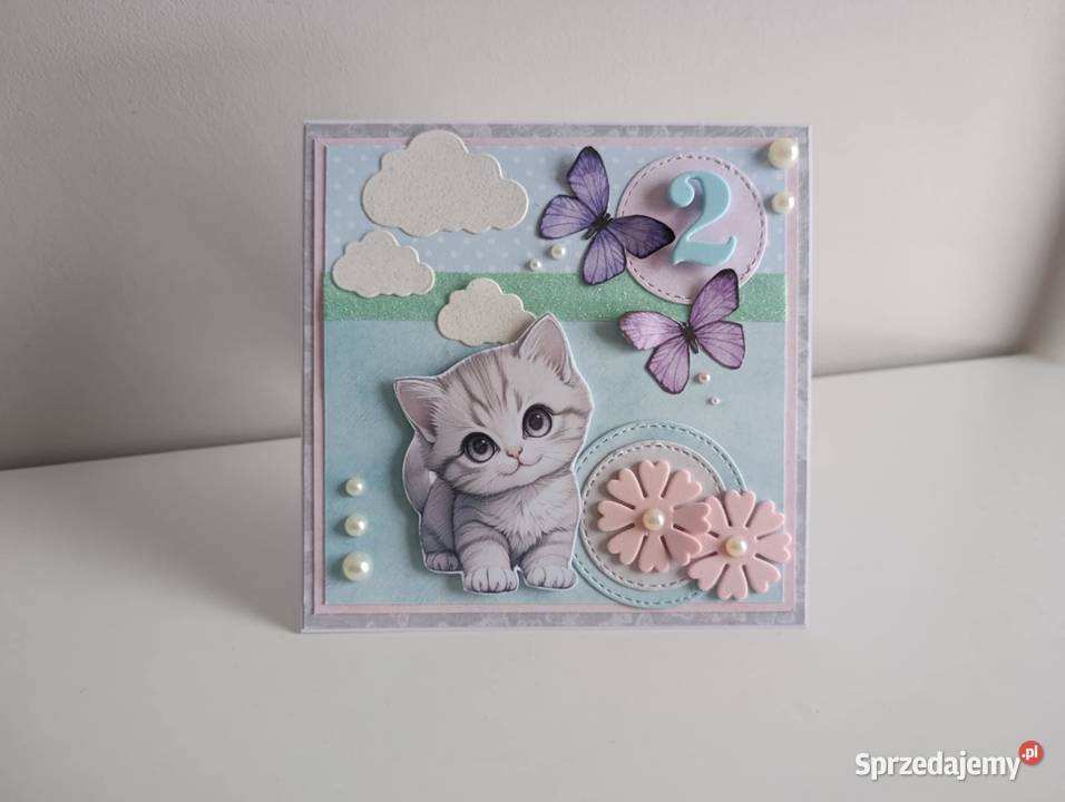 Kartka ręcznie robiona na urodziny kotek Łódź