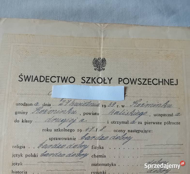 Świadectwo I półrocze klasy 2 szkoły powszechnej Koźminek