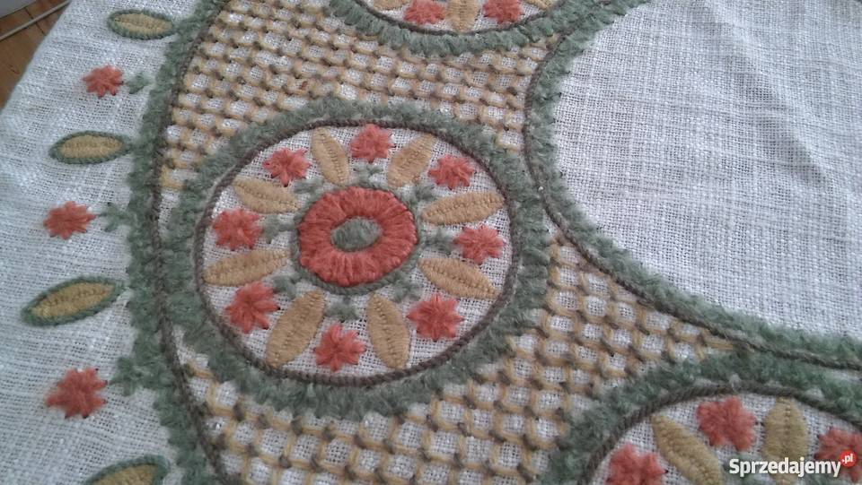 Okrągły obrus rękodzieło ręczny haft wełna antyk Obrusy i serwety