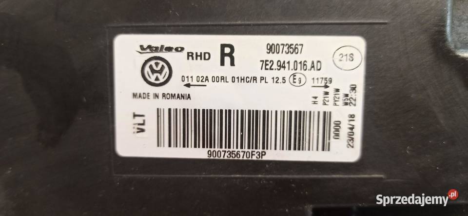 VW TRANSPORTER T6 LAMPA PRAWY PRZÓD 7E2941016AD