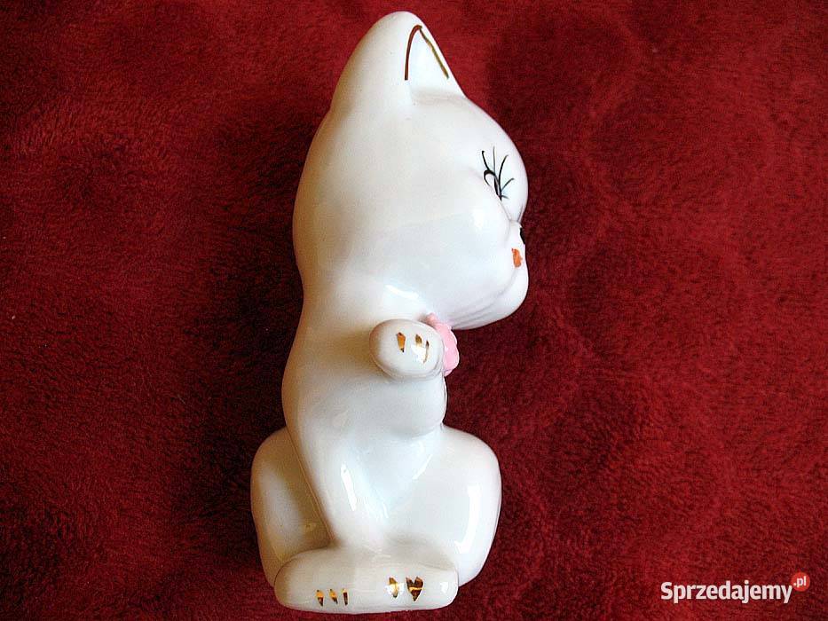 Kot z różową kokardą biała porcelana 10 x 6 x 4 mazowieckie Siedlce