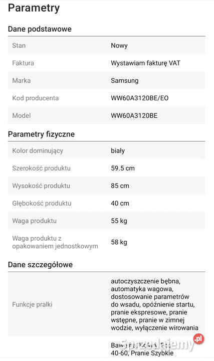 Półroczna pralka Samsung Slim na gwarancji 40cm Klucze