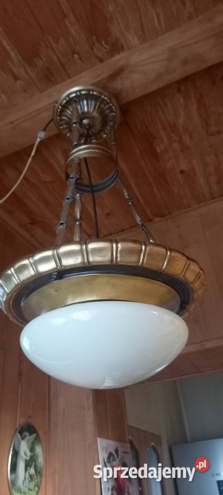 Stara wisząca lampa z mosiądzu duży klosz ampla Skierniewice