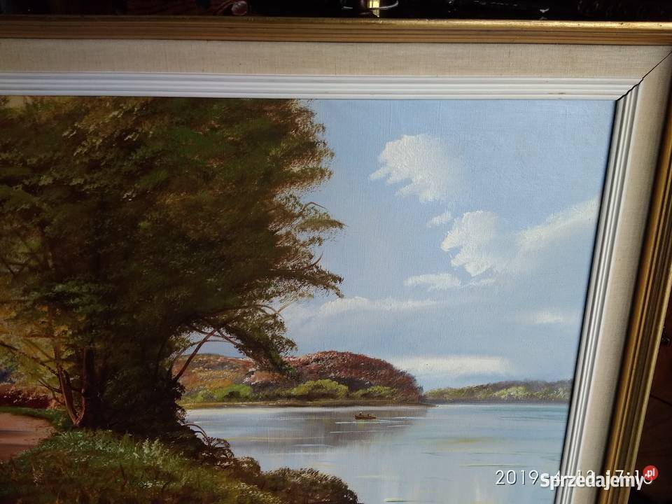 PARK Z JEZIOREM PEJZAŻ OLEJ NA PŁÓTNIE SYGNOWANY Warszawa