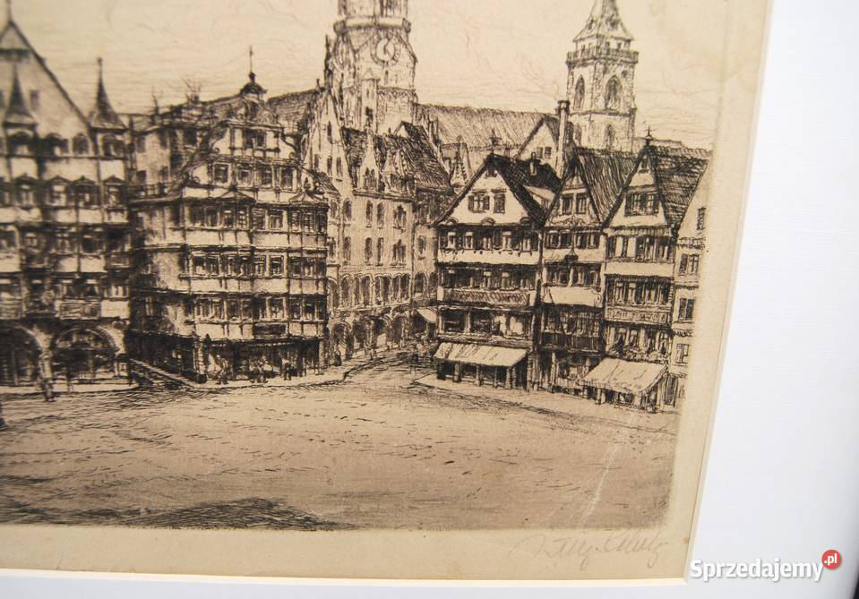 Stuttgart Stary rynek piękna akwaforta Poznań