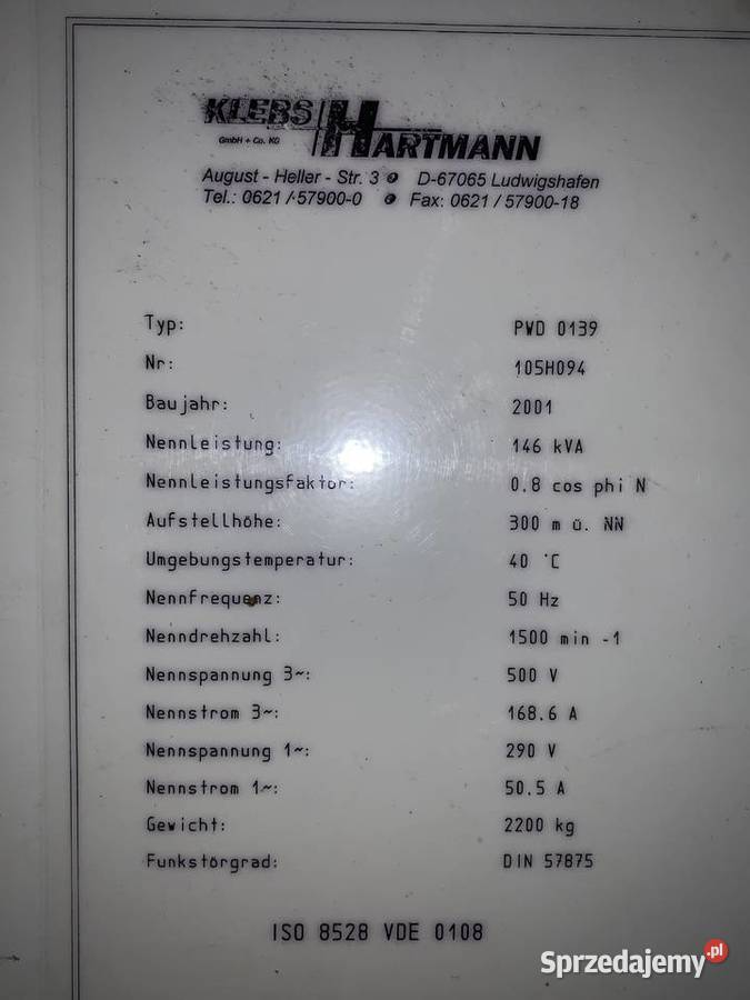Agregat prądotwórczy KLEBS HARTMANN 146 kVA Sadki