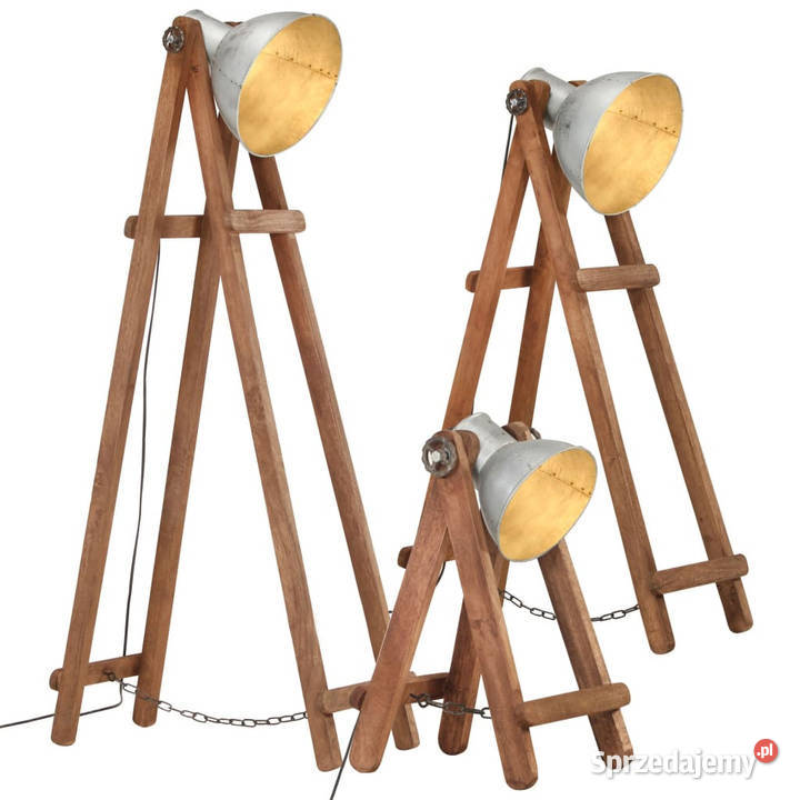 Lampy podłogowe 3 srebrne E27 lite drewno mango Warszawa