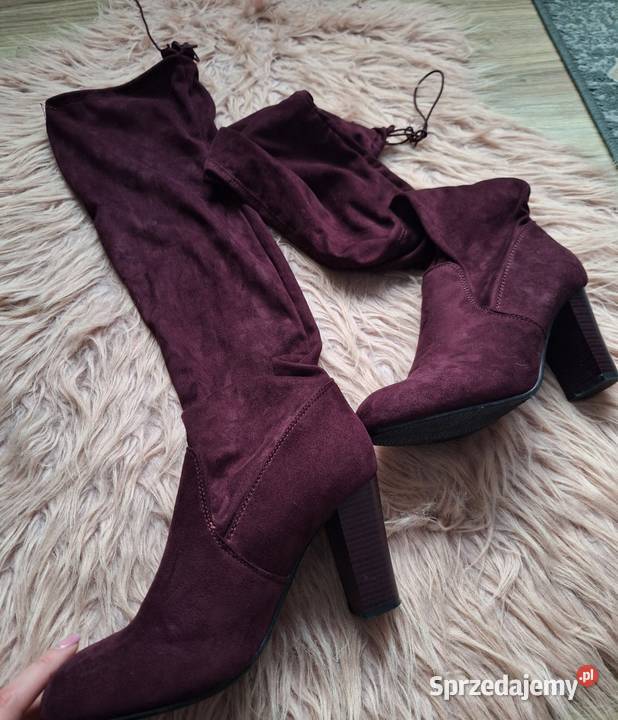 Długie burgundowe zamszowe buty na obcasie Kozaki Kraków