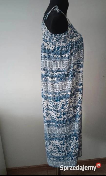Wzorzysta długa na szelkach sukienka unikatowa niebieski Krosno