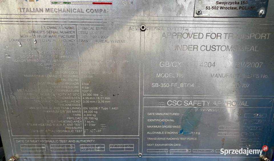 ISO tank kontener 24ft poj 34000 litry L4BH cysterny sprzedam