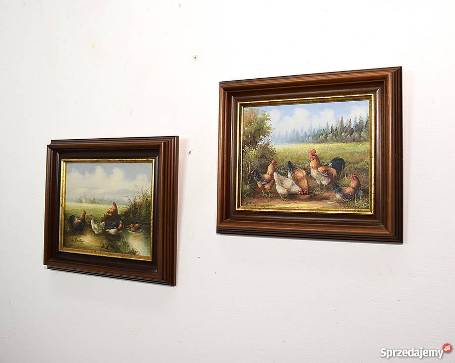 DWA UROCZE OBRAZKI OBRAZ OLEJ NA PŁÓTNIE RAMA
