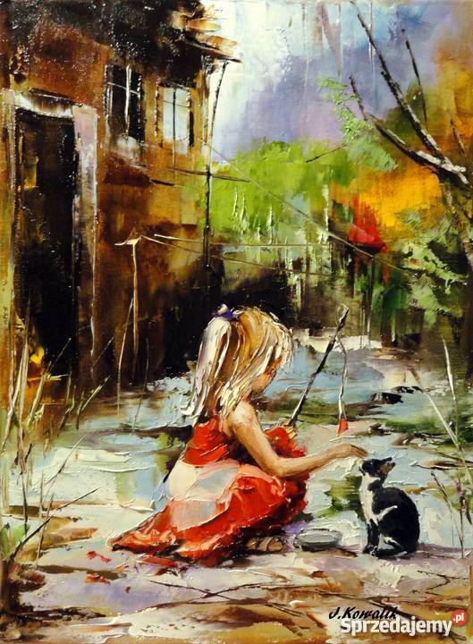 Zabawa Obraz olejny 30x40 kotek dziewczynka