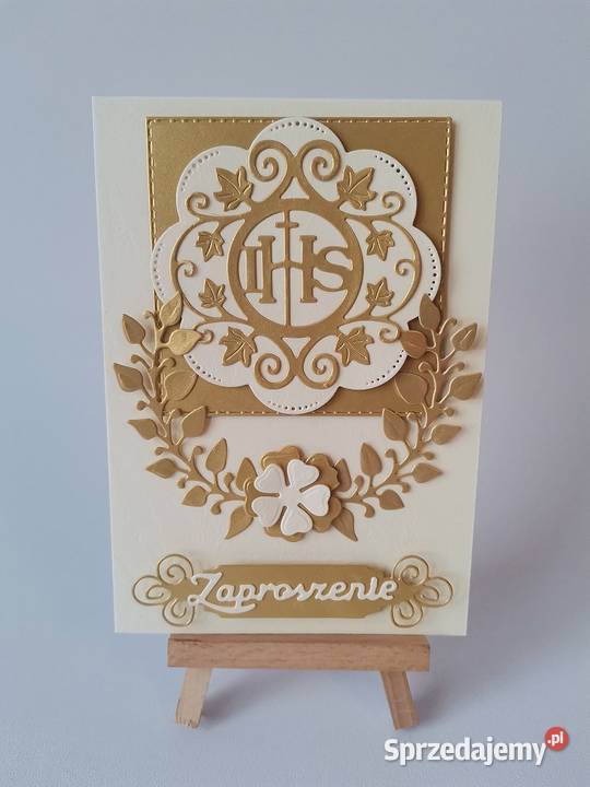 ZAPROSZENIA KOMUNIA IHS W SERWETCE C6 ZŁOTO ECRI Rękodzieło Poznań sprzedam