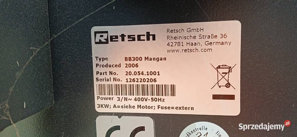 Kruszarka szczękowa Retsch BB300 Mangan MAŁO łódzkie Łódź sprzedam
