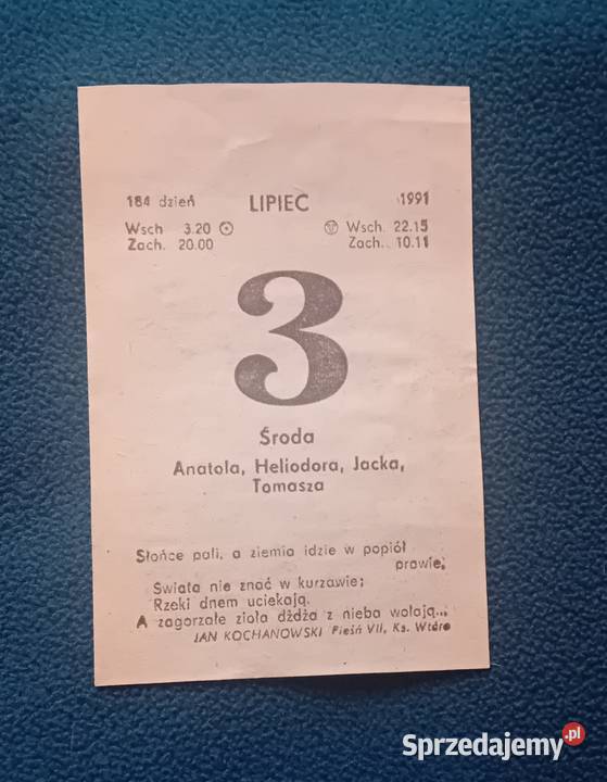 Kartka z kalendarza ściennego zdzieraka 3 lipca Antykwariat Koźminek