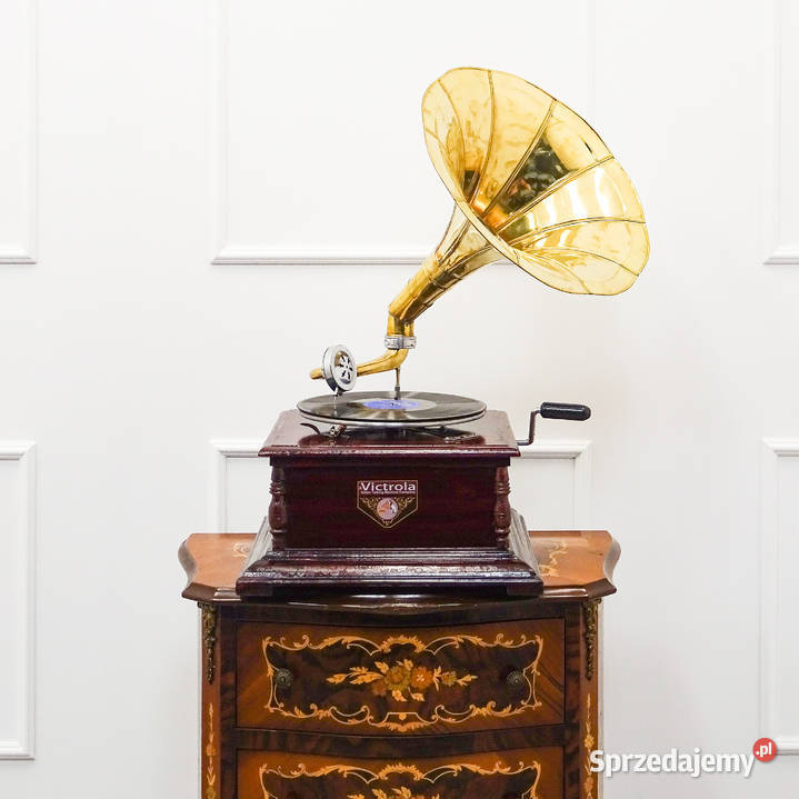 Stylowy PATEFON Victrola drewniana obudowa ZŁOTA Kalisz