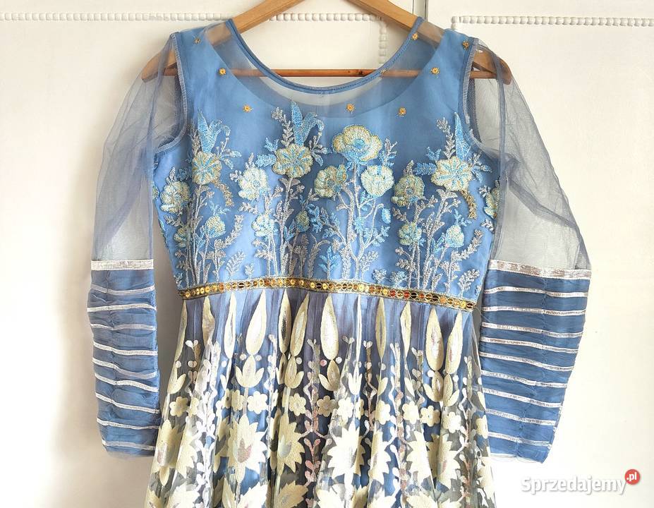 Niebieska suknia balowa S 36 kwiaty floral Szczecin