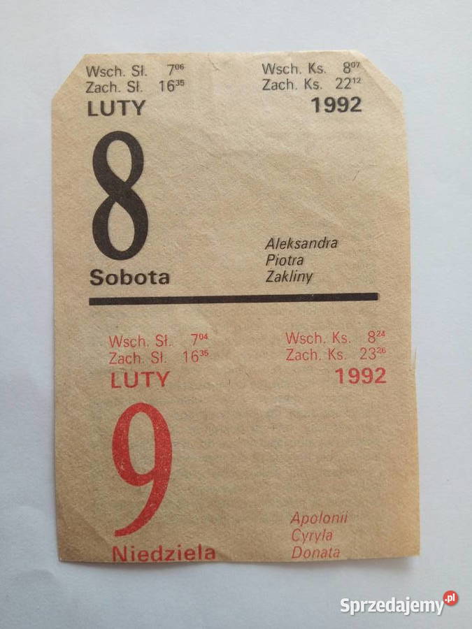 Kartka z kalendarza 89 luty 1992r śląskie Dąbrowa Górnicza