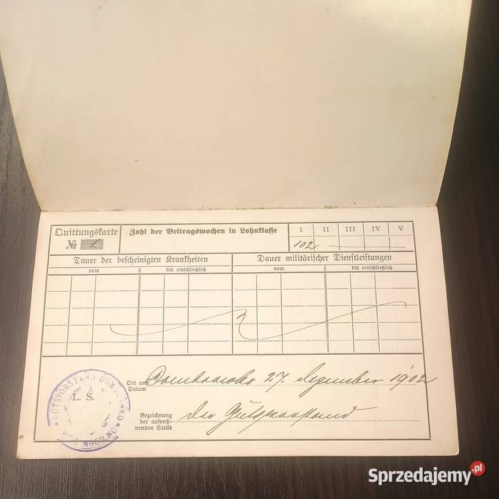 Książeczka ubezpieczeniowa Królewiec 1912r język Bronisze