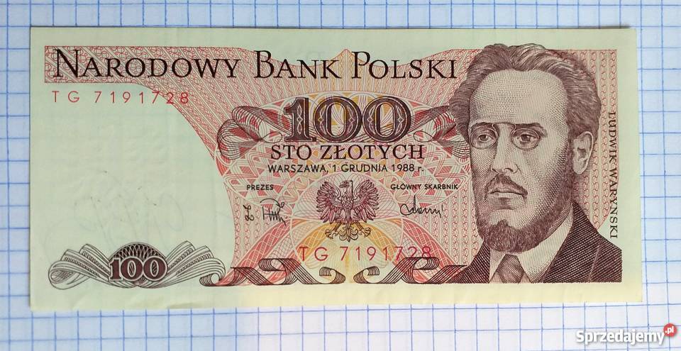 BANKNOT 100 ZŁOTYCH 1988 SERIA TG 7191728 Piszczac