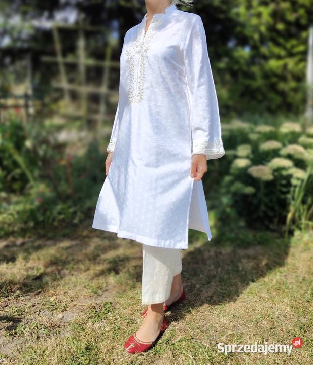 Długa biała tunika S 36 orient Indie kameez długi Bluzki i koszule Szczecin