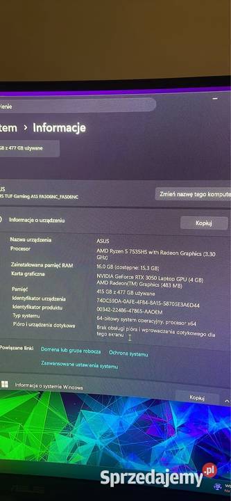 Zestaw gamingowy Laptop ASUS monitor Asus 27c 16GB Kleczew sprzedam