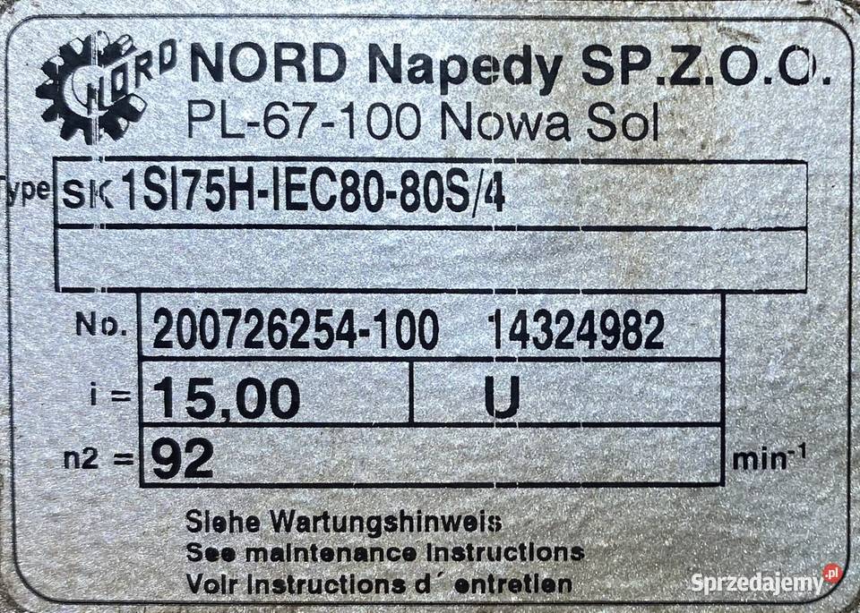 motoreduktor przekładnia 11kW 92obr 3fazowy NORD sprzedam