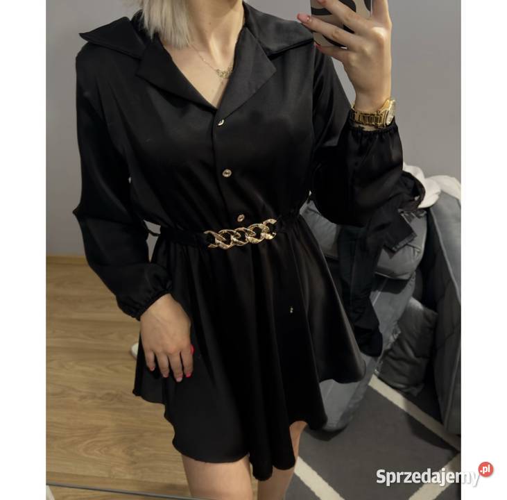Elegancka czarna sukienka satynowa z paskiem Osielsko