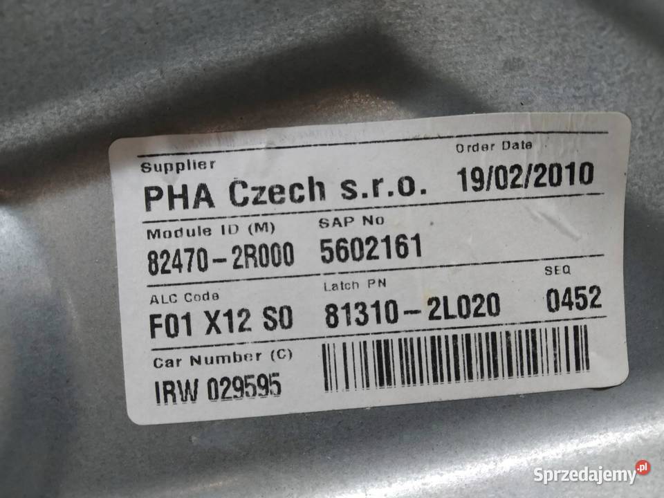 MECHANIZM SZYBY LEWY PRZÓD 824702R000 Hyundai Rok produkcji 2010