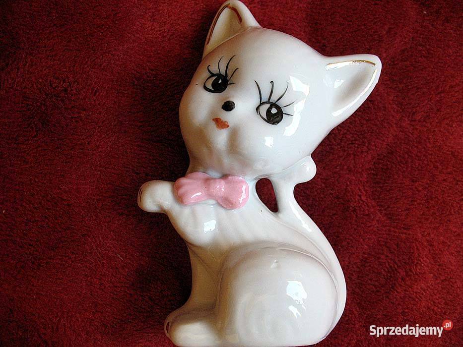 Kot z różową kokardą biała porcelana 10 x 6 x 4 mazowieckie Siedlce
