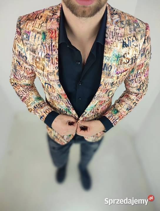 GIOVANNI PERA Marynarka Męska D809 Beżowa napisy Odzież codzienna Ostrów Wielkopolski