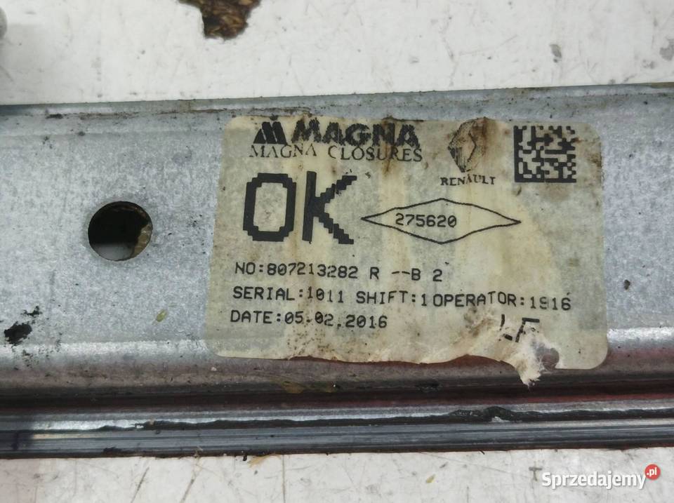 MECHANIZM SZYBY LEWY PRZÓD 007213282 Dacia Logan Rok produkcji 2016