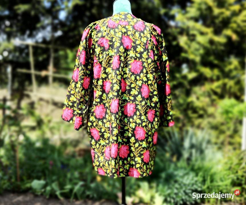 Czarna tunika folk XXL 44 bawełna kwiaty róże Szczecin