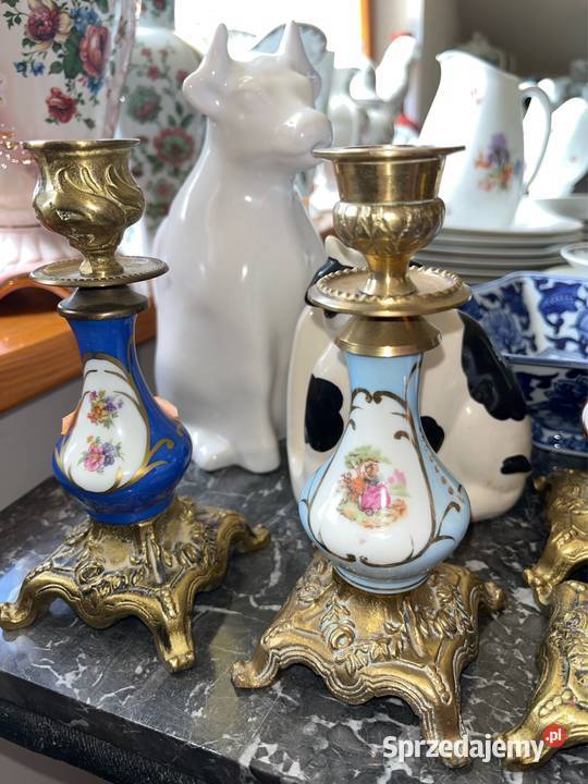 Świecznik porcelana mosiądz róże Scenki dworskie Porcelana i szkło pomorskie Gdańsk