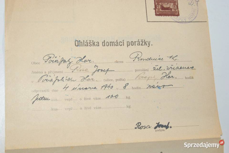 Stary dokument Horn Poaply Czechosłowacja antyk Cieszyn sprzedam