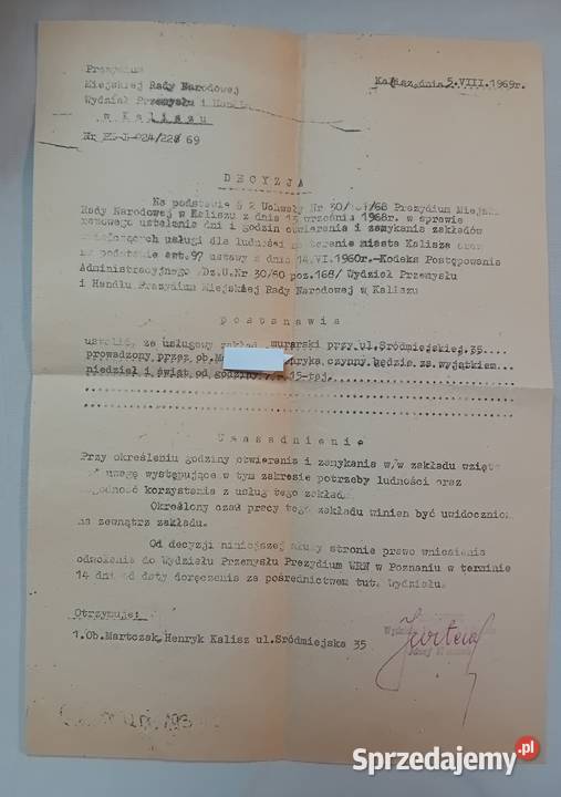 Decyzja Prezydium Miejskiej Rady Narodowej w Koźminek sprzedam