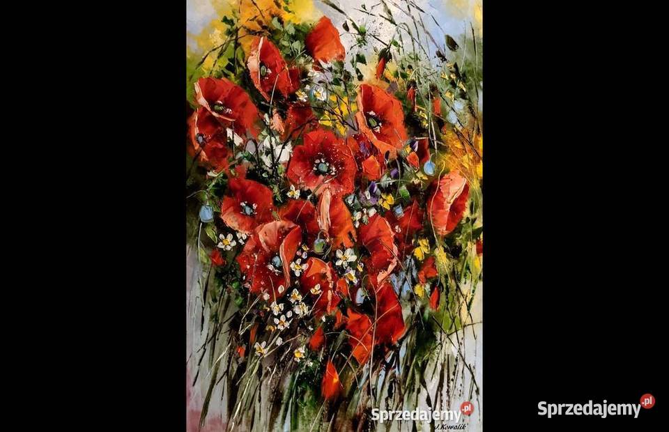Kowalik Maki 50x70 kwiaty łąka obraz olejny Malarstwo Antyki, Sztuka, Kolekcje sprzedam