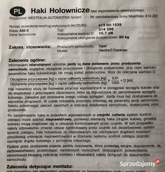 hak holowniczy Westfalia Opel Vectra c kombi Pułtusk