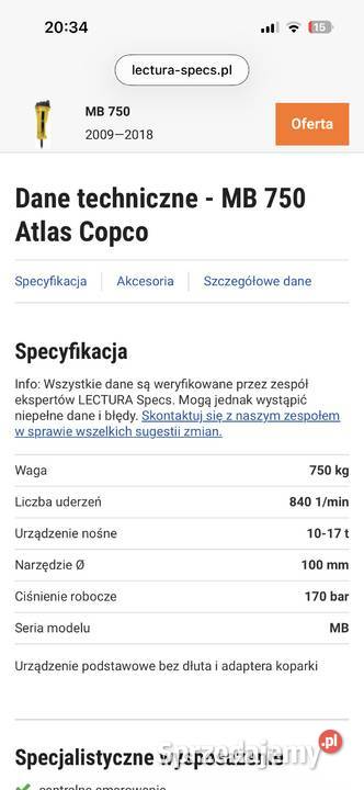 Młot hydrauliczny Atlas Copco MB 750800 Bilcza