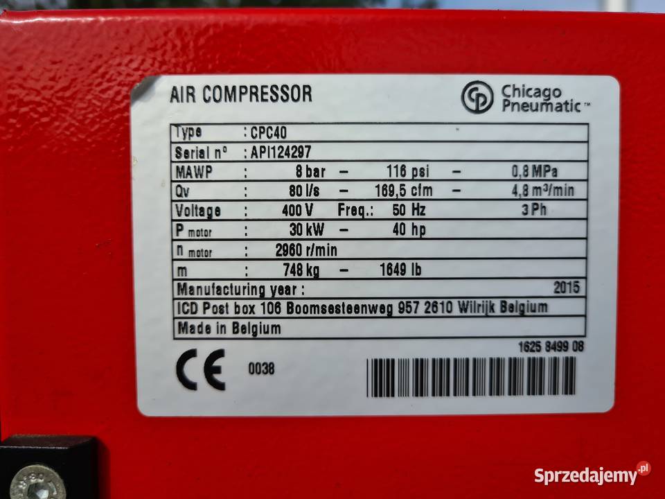 Kompresor śrubowy Chicago Pneumatic CPC 40 30 kw wielkopolskie Zduny sprzedam