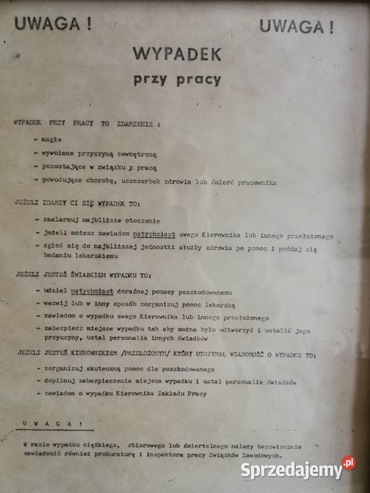 Oryginalna tablica BHP Wypadek pracy instrukcja Szczecin