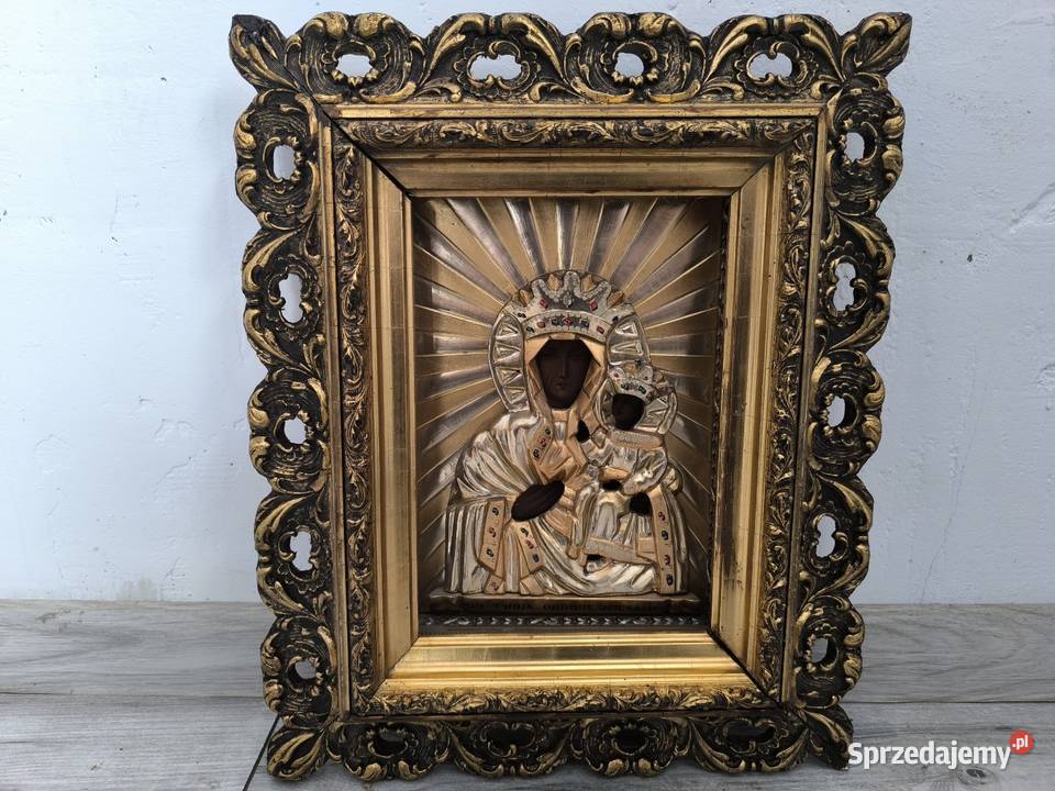 Piękna stara oryginalna ikona XIX wieczna Matka Łódź